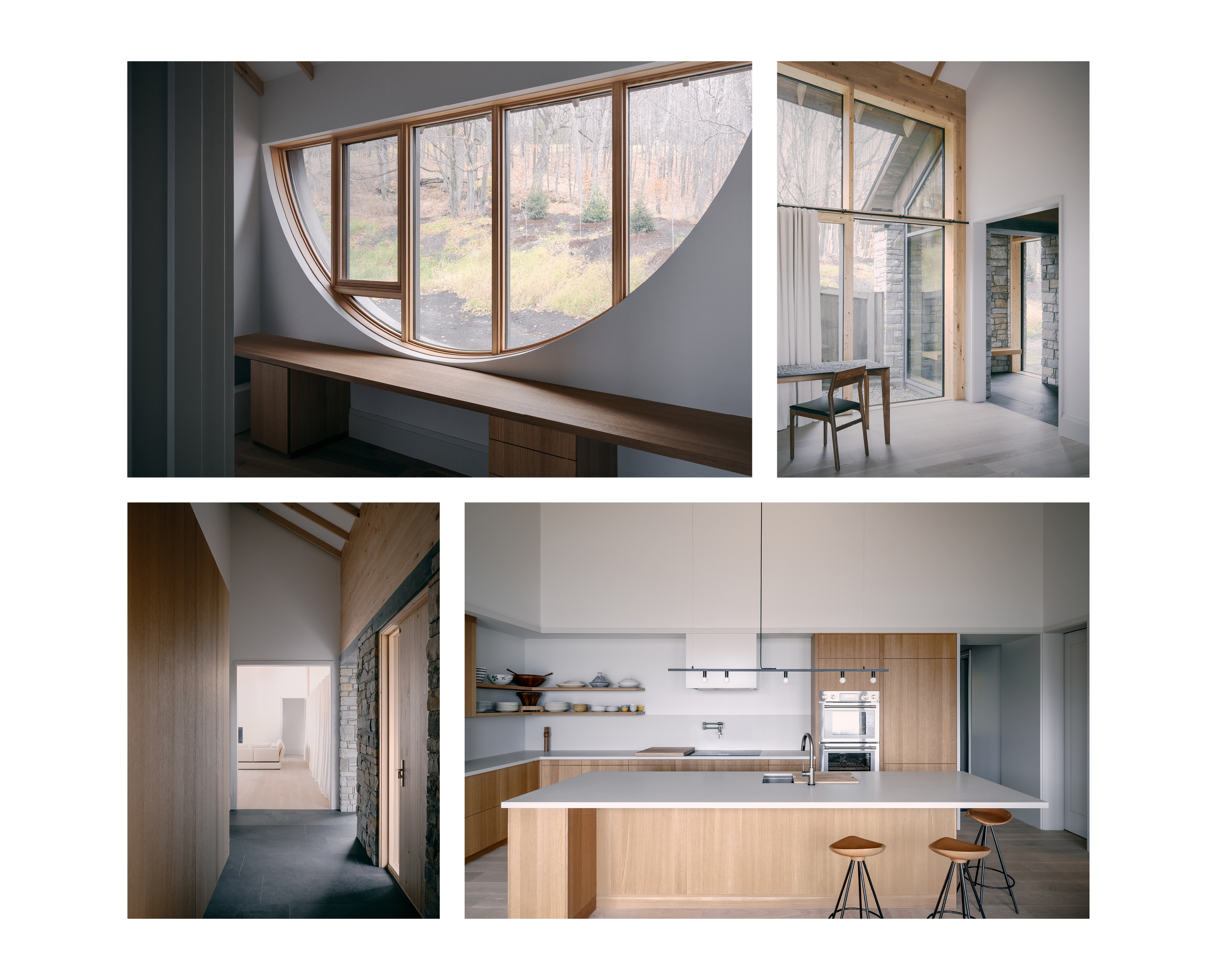 collage of images of the interior of the house showing the wood finishes in the kitchen, rooms and corridor